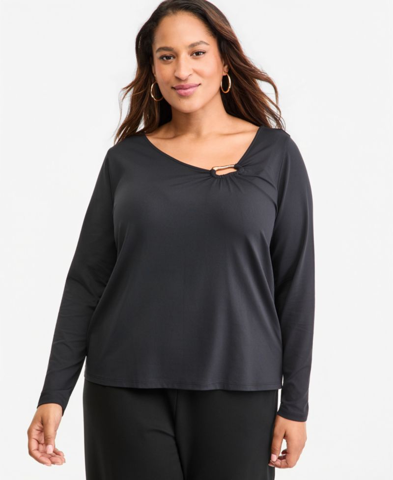 Plus Size Hardware Scoop Neck Long-Sleeve Blouse