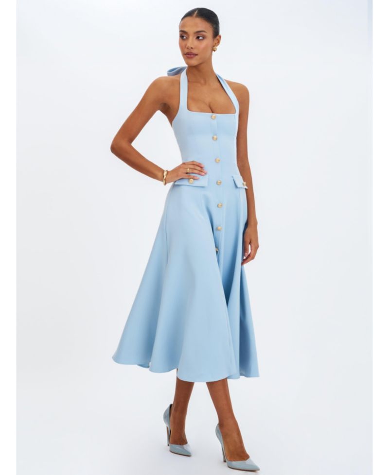 Women's Gillian Mist Blue Halter A-Line Midi Dress