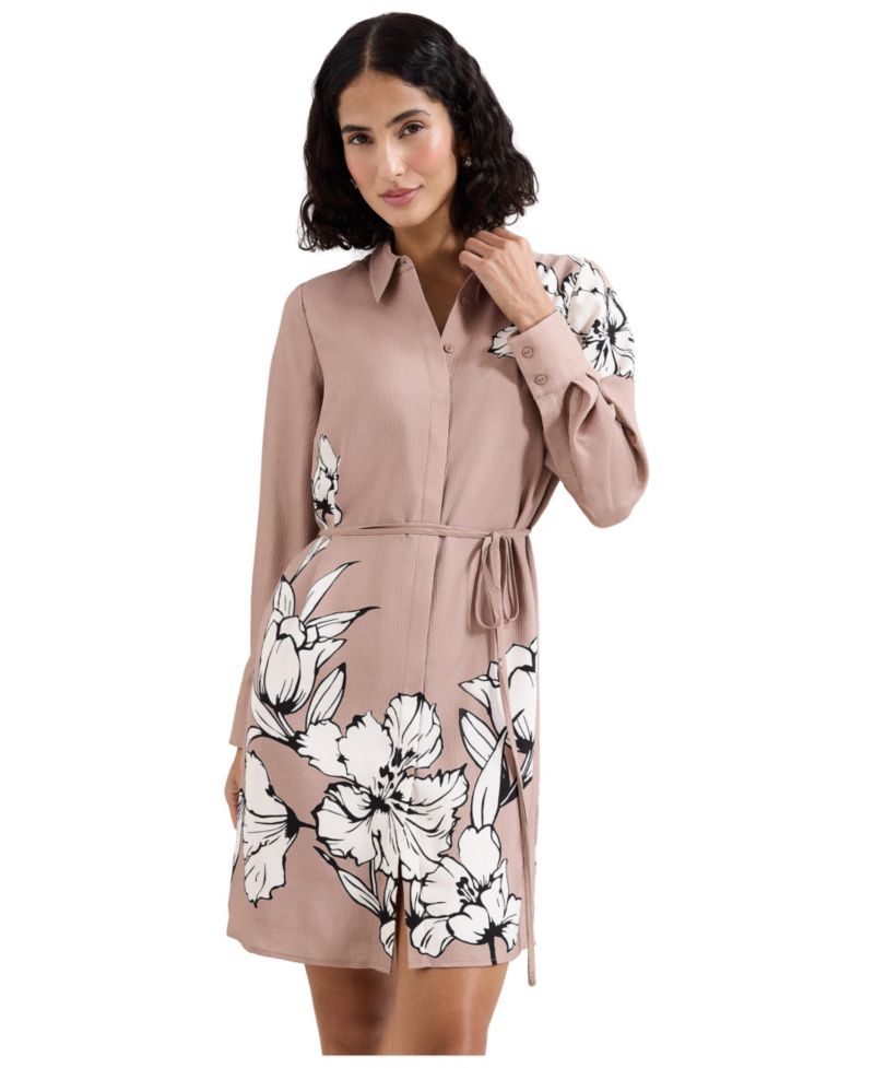 Women's Kendra Floral-Print Belted Long-Sleeve Shirt Dress