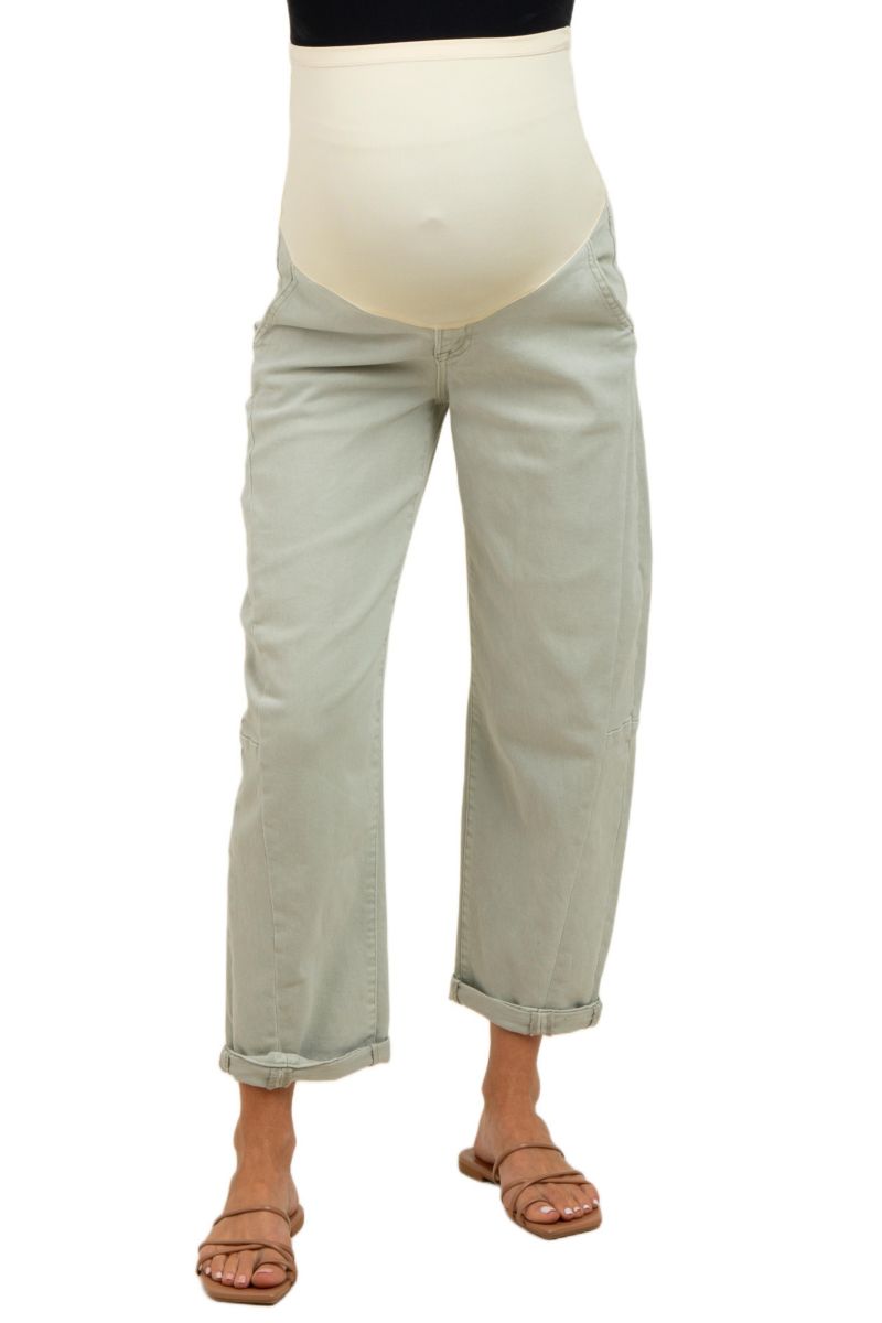 Women's Light Olive Rolled Cuff Barrel Leg Jeans