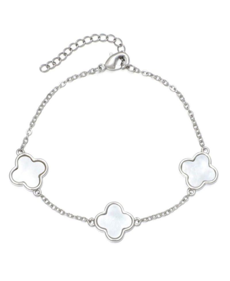 Silver Plated White Imitation Pearl Clover Station Bracelet