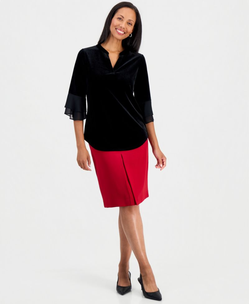 Women's 3/4-Flutter Split-Neck Velvet Blouse