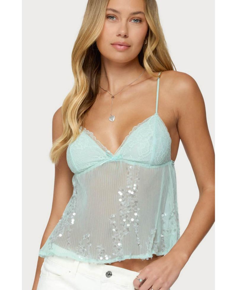Women's Sequin Sheer Mesh Babydoll Top