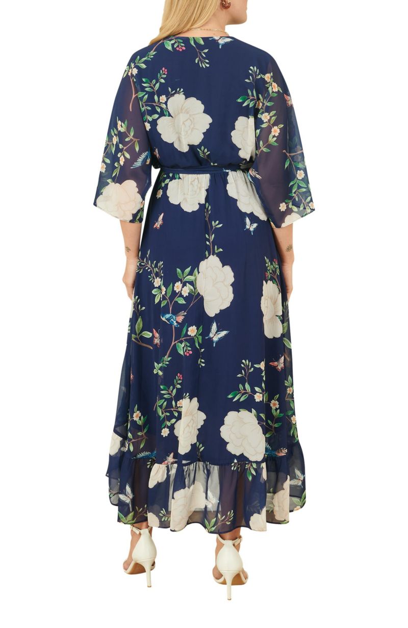 Women's Bird And Floral Print Midi Wrap Dress