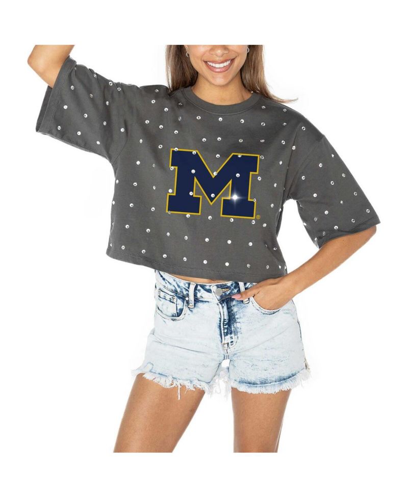 Women's Gray Michigan Wolverines Go Time Rhinestone Crop T-Shirt
