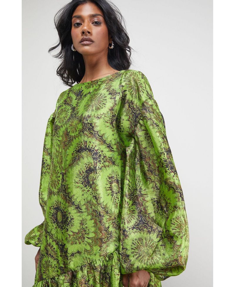 Women's Asymmetric Seam Volume Sleeve Midi Dress