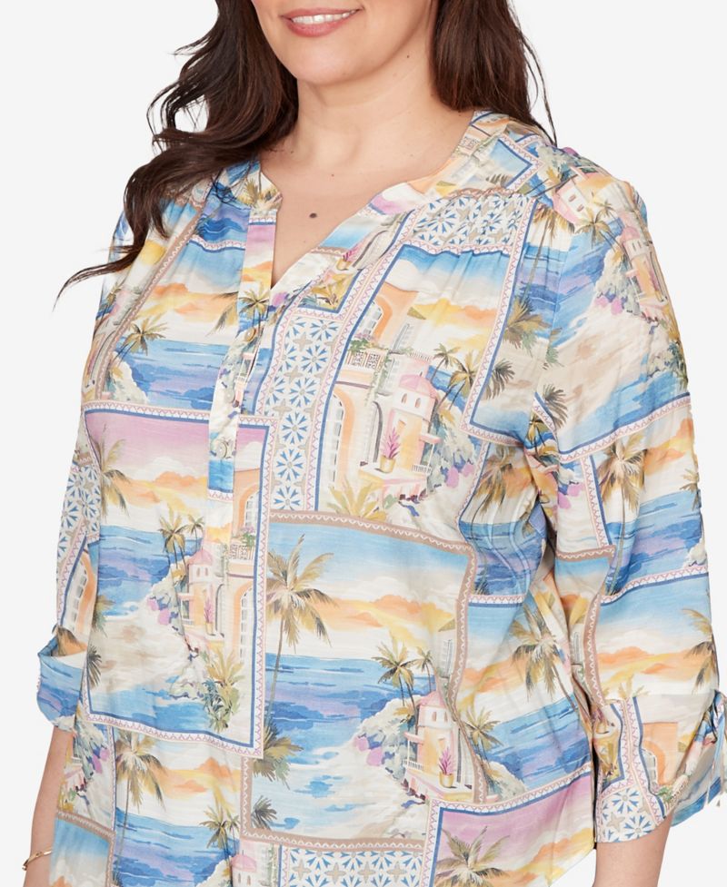 Plus Size Beachcomber Postcard Print Tie Sleeve Henley Top