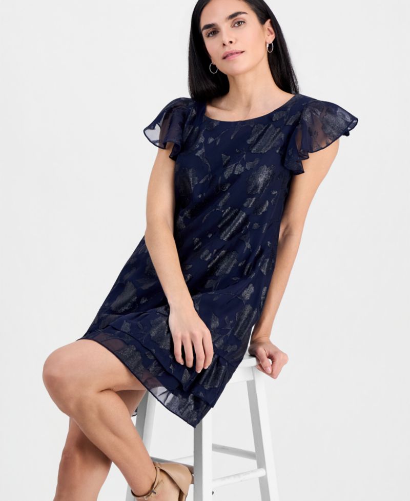 Petite Ruffled-Hem Flutter-Sleeve Dress