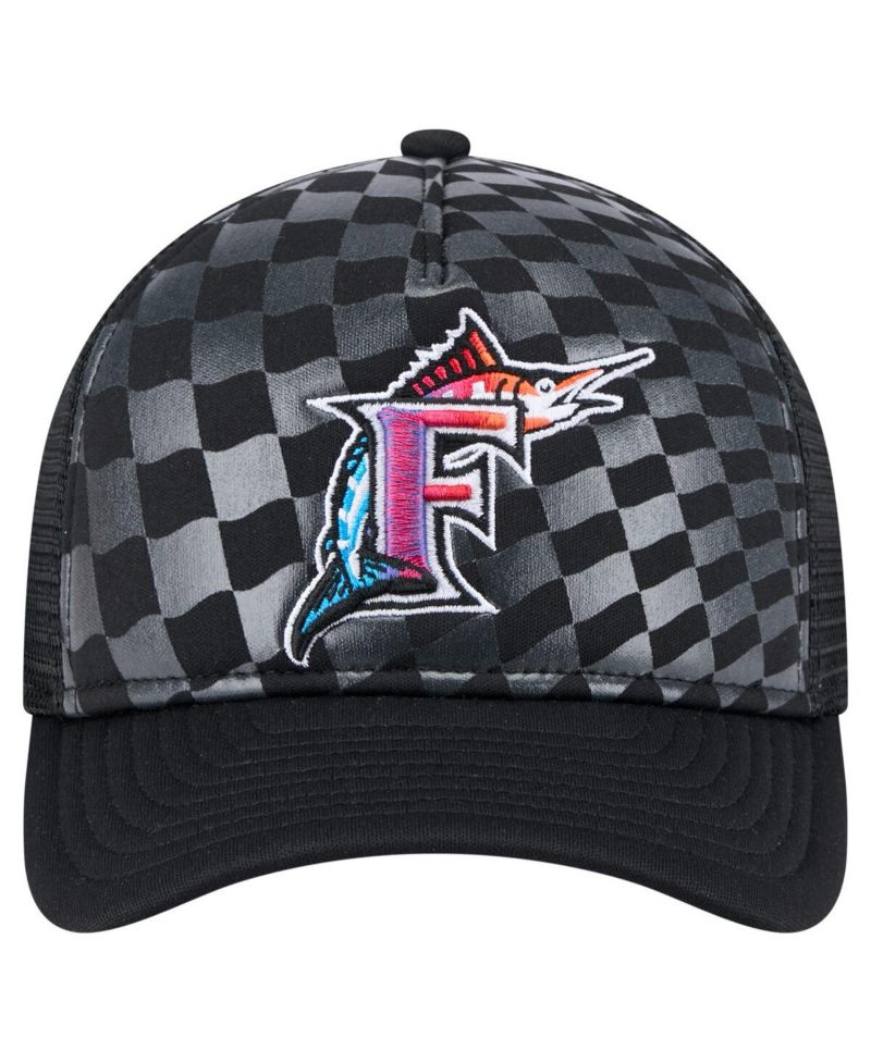 Men's Black Florida Marlins Cooperstown Collection Gradient 9FORTY A-Frame M-Crown Trucker Adjustable Hat
