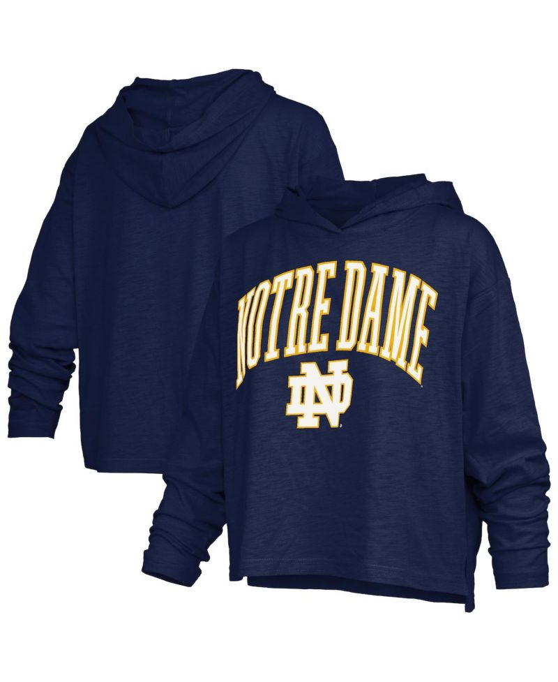Women's Navy Notre Dame Fighting Irish Nelson Arch Over Logo Long Sleeve Hooded Slub T-Shirt