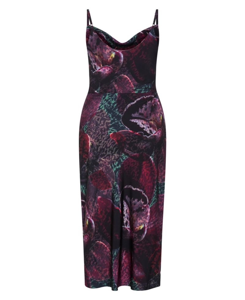 Plus Size Marisol Orchid Print Cowl Neckline Midi Dress