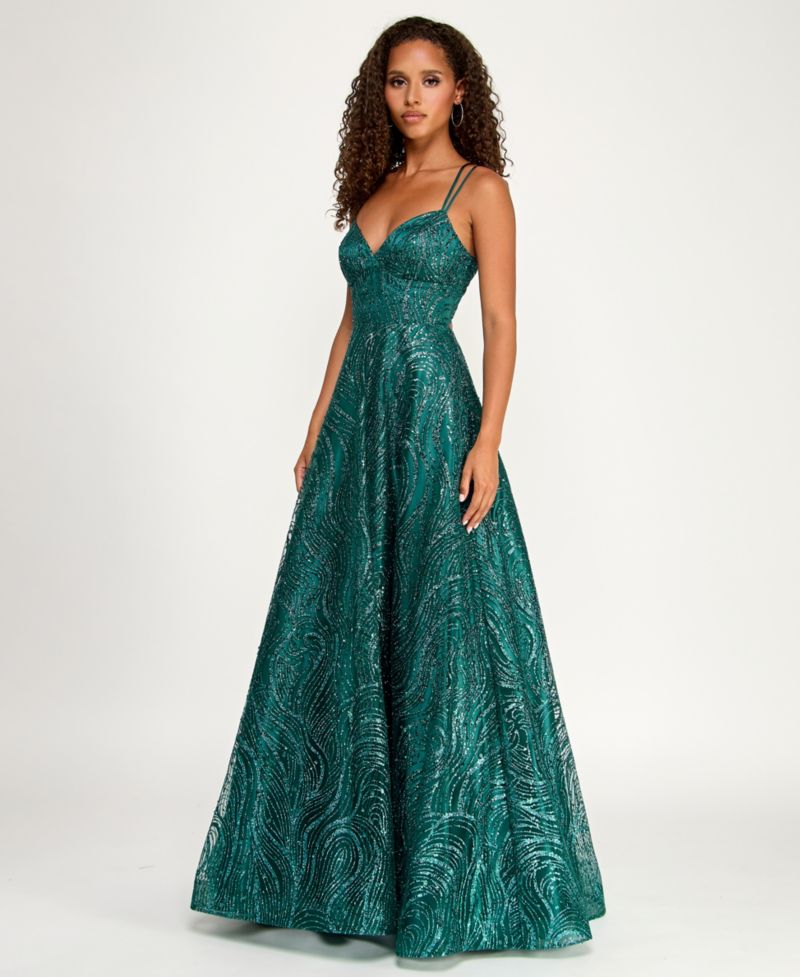 Juniors' Spaghetti Strap V Neck Glitter Pattern Gown with Lace Up Back