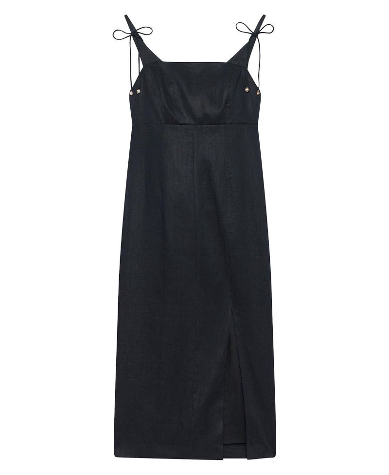 Women's Linen Square-Neck Bow-Detail Midi Dress