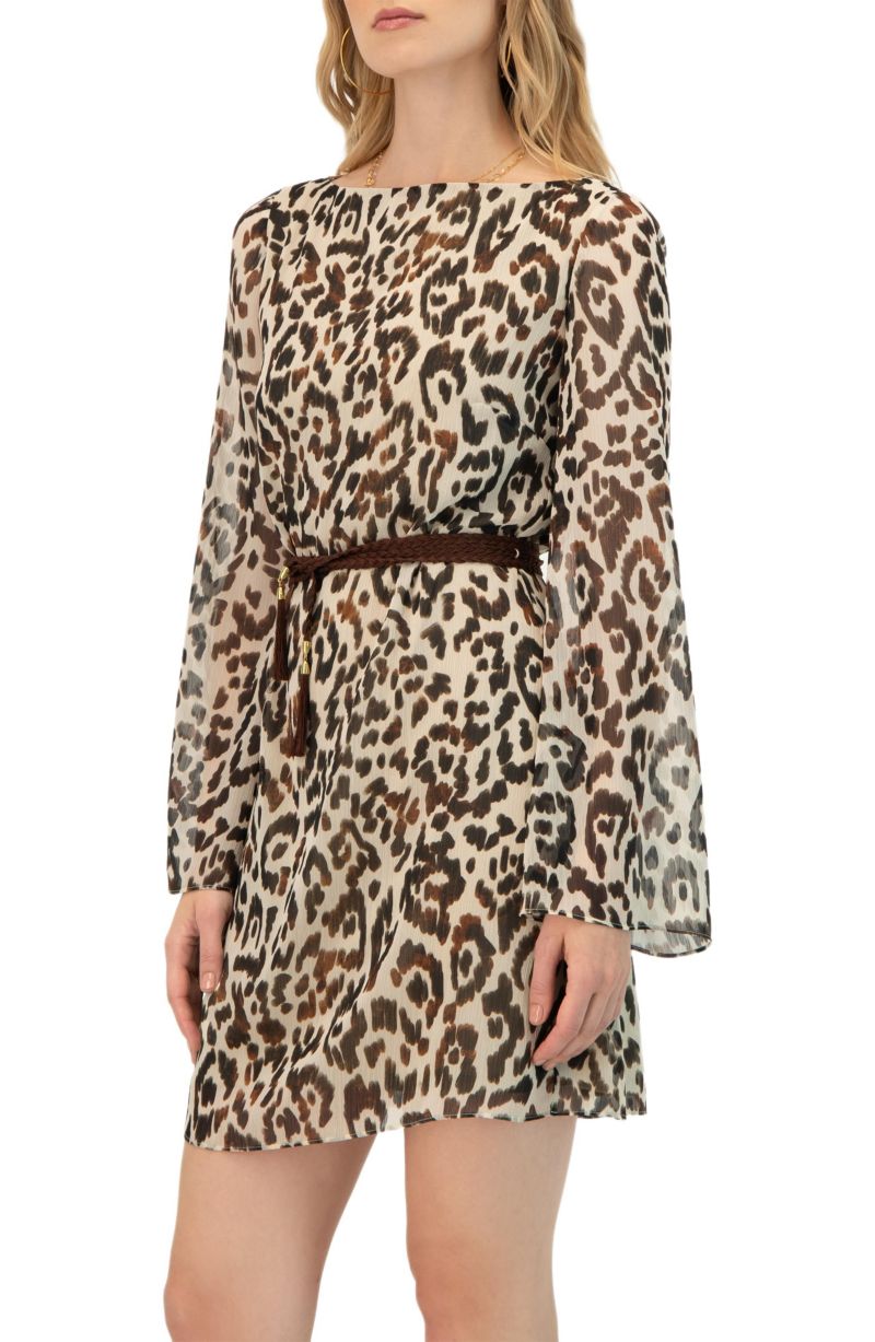 Women's Short Animal Print Dress with Waist Tie