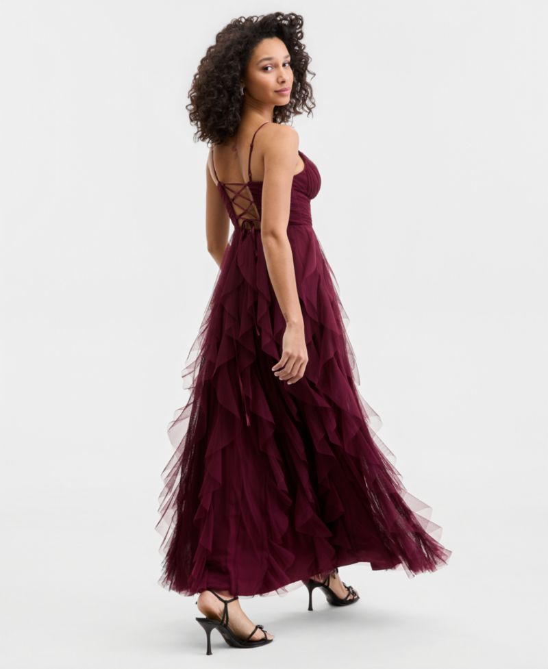 Juniors' Strappy V-Neck Lace Ball Gown