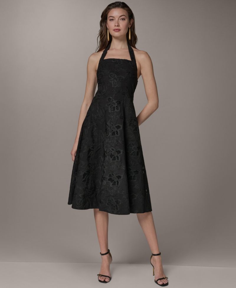 Women's Halter Fit & Flare Sleeveless Embroidered Midi Dress