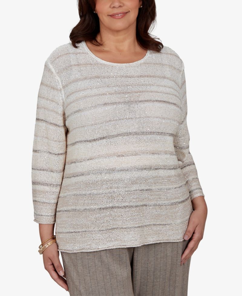 Plus Size Crew Neck 3/4-Sleeve Striped Sweater