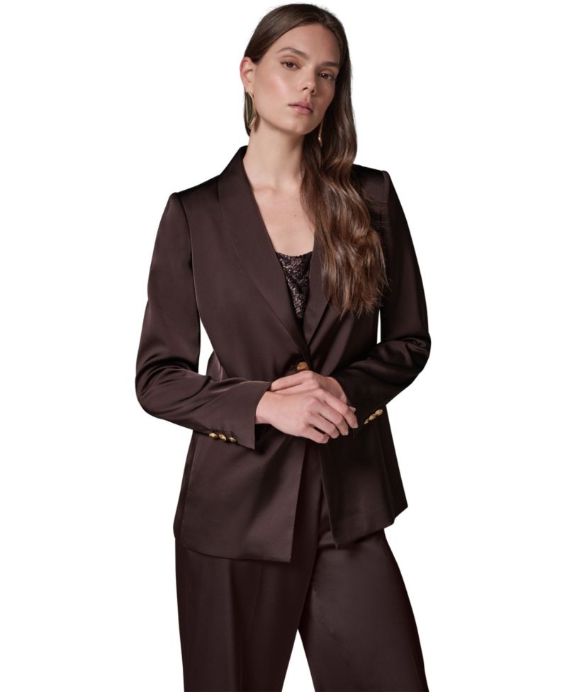 Petite Satin Shawl Lapel Shoulder-Padded Blazer