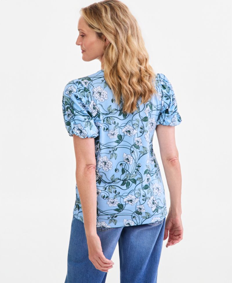 Plus Printed Mix Media Puff-Sleeve Top