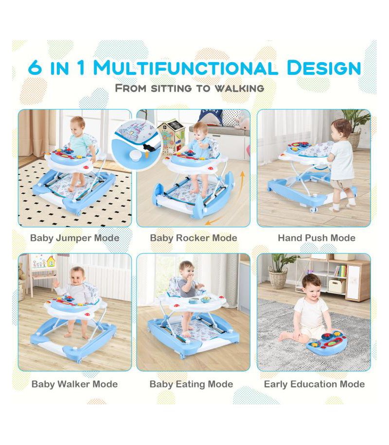 Foldable 6 in 1 Baby Walker with Adjustable Height for Infant Mobility and Play