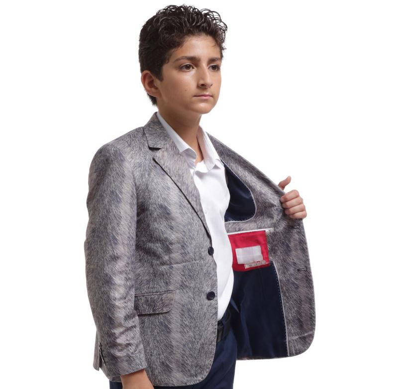 Boys Silver Slim Fit Printed Velvet Blazer
