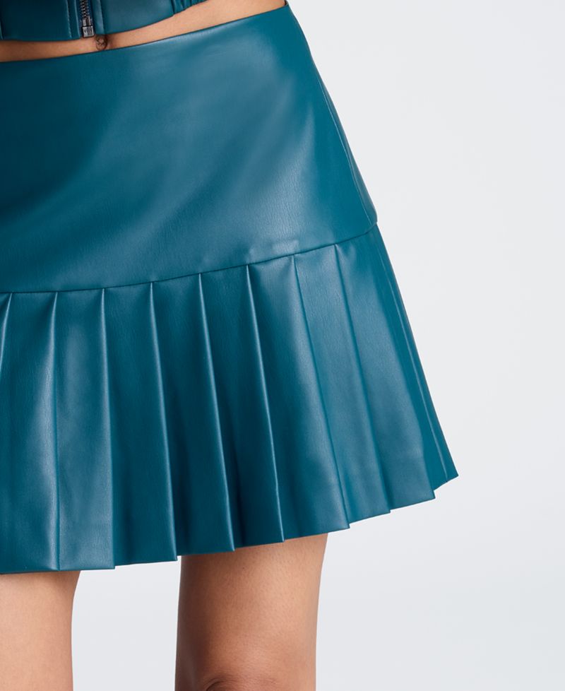 Women's Faux Leather Side Zip Pleated Mini Skirt