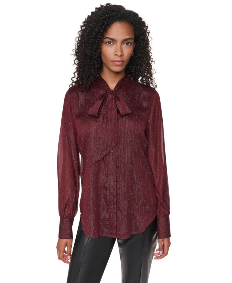 Petite Long-Sleeve Tie-Neck Button-Up Blouse