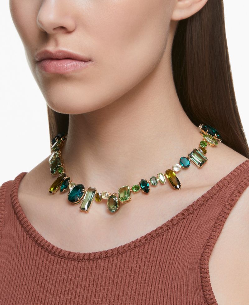Gold-Tone Green-Hued Crystal Mixed Cut Collar Necklace, 14" + 1-3/4" extender