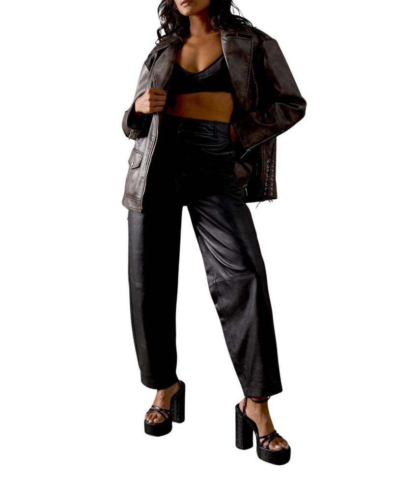 Women's Oversized Whipstitch Leather Look Jacket