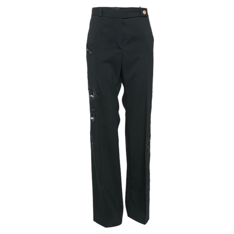Women's Black Cut-Out Embellished Cotton Trousers