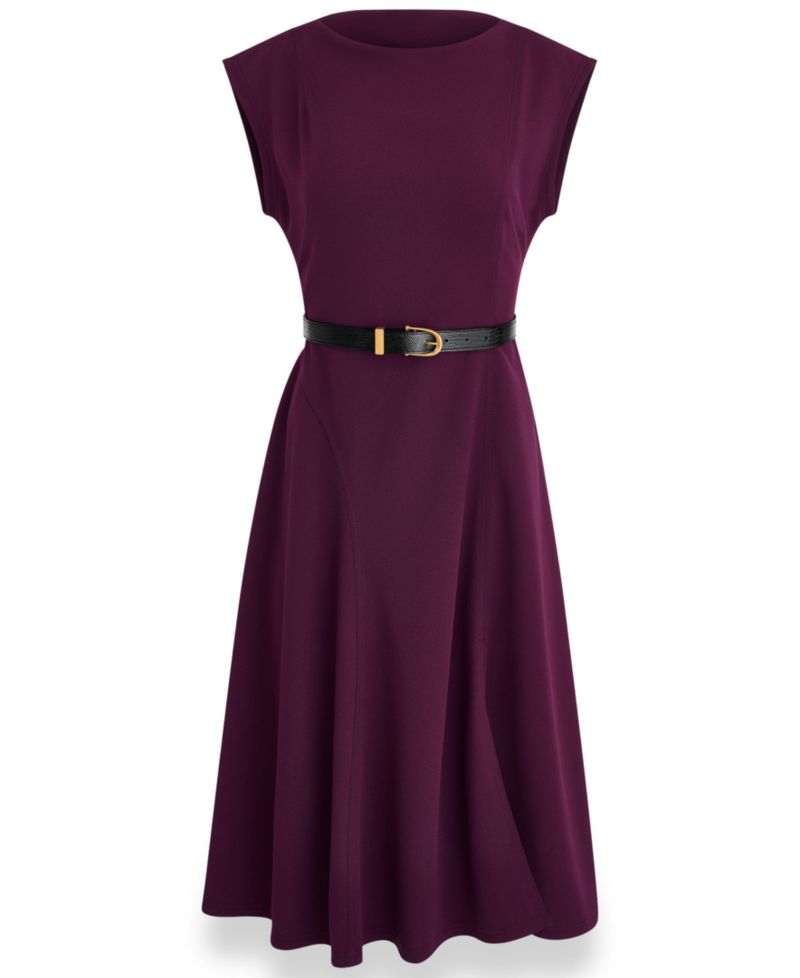 Women's Cap-Sleeve Boat-Neck Belted A-Line Dress