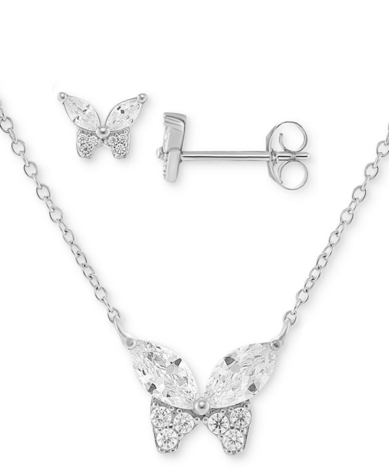 2-Pc. Set Cubic Zirconia Butterfly Pendant Necklace & Matching Stud Earrings in Sterling Silver
