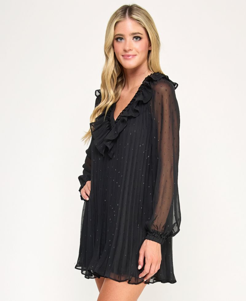 Juniors' Pleated Clip Dot Long Sleeve Dress