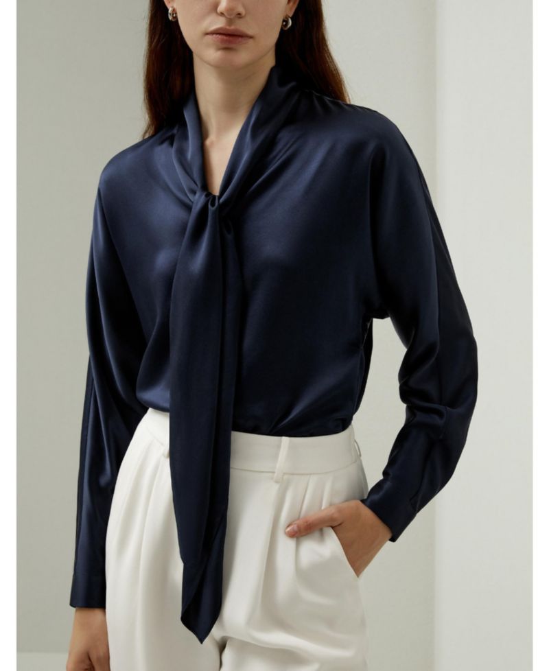 Women's Batwing Silk Top with Adjustable Neck Tie