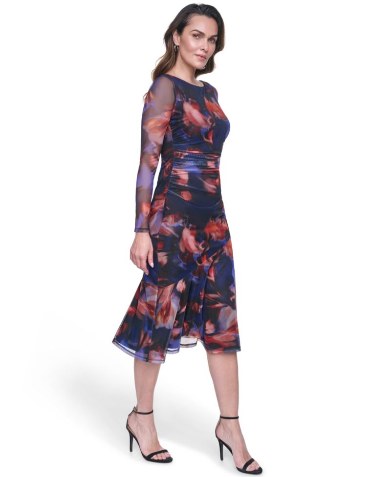 Women's Printed Mesh Bodycon Midi Dress