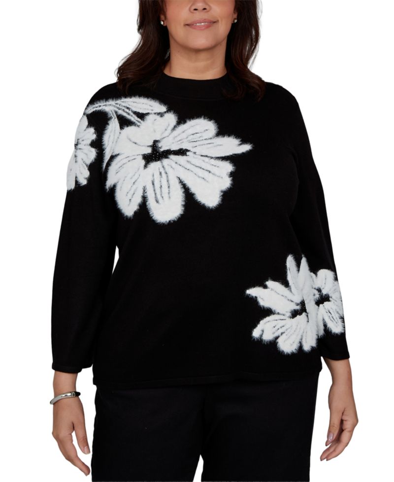 Plus Size 3/4-Sleeve Floral-Print Crewneck Pullover Sweater