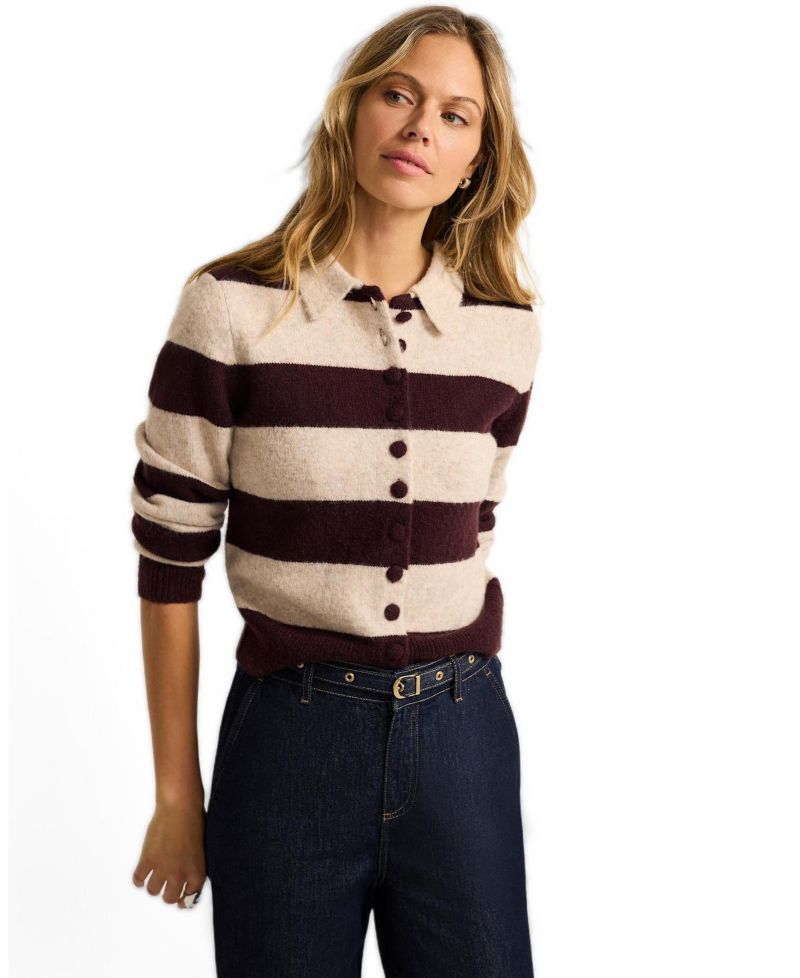 Women's Striped Collared Button-Front Sweater