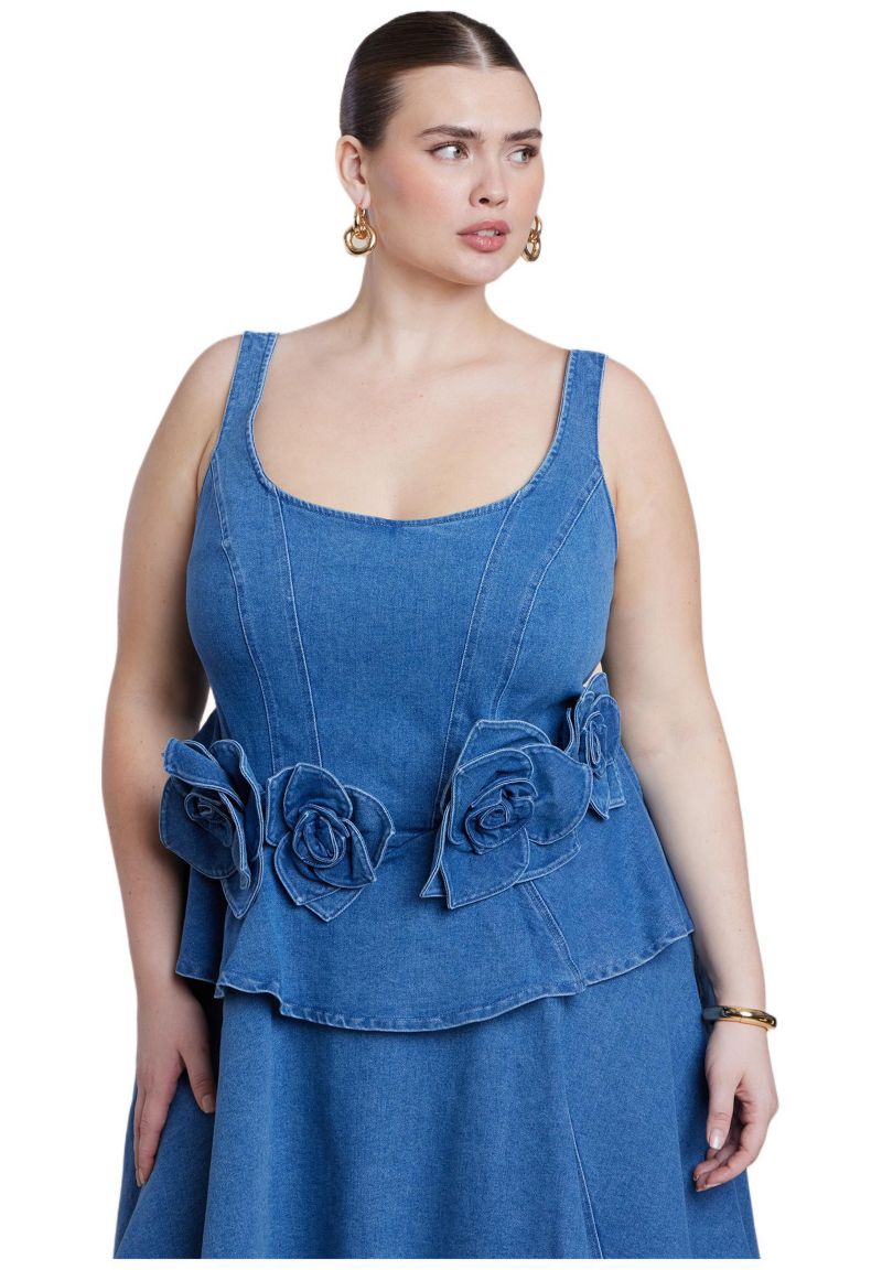 Women's Denim Flower Applique Mini Dress