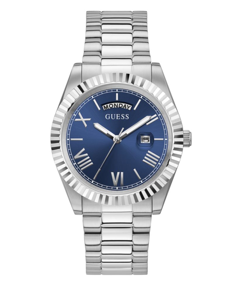 Men's Silver-Tone Stainless Steel Bracelet, Day, Date Watch, 42mm