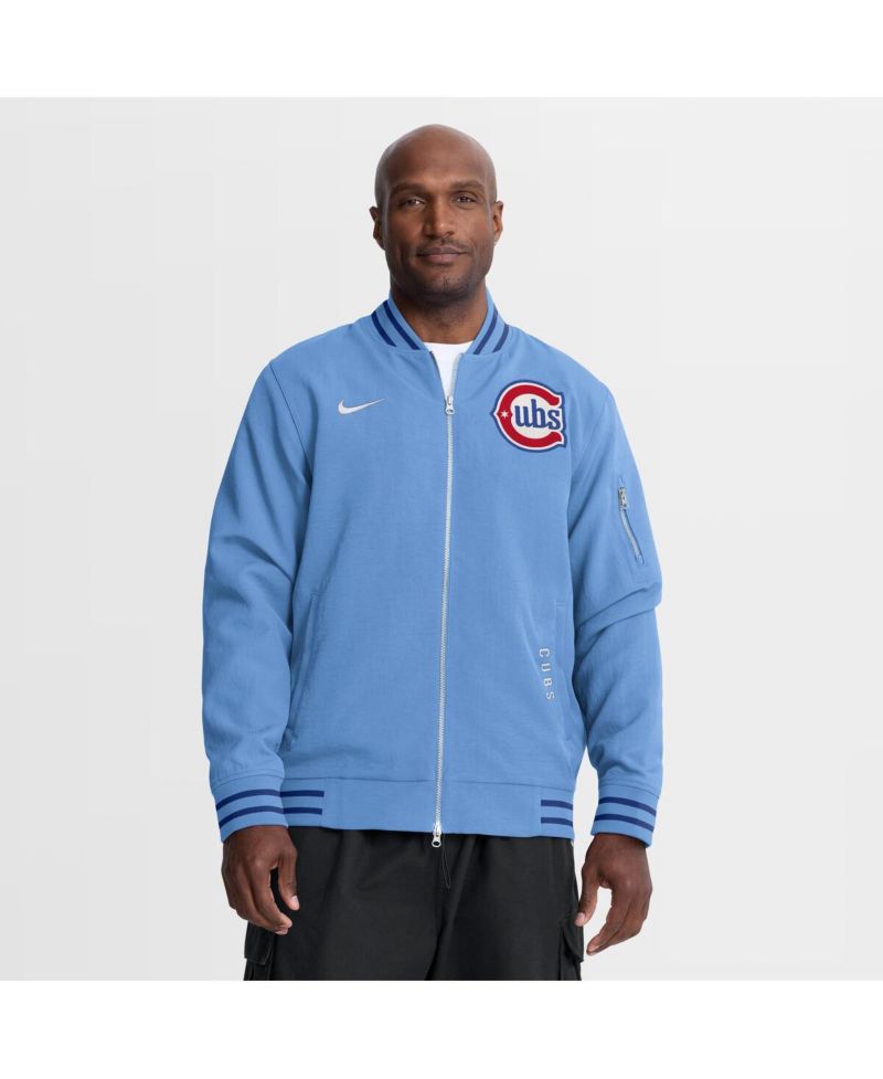 Men's Light Blue Chicago Cubs Authentic Collection Dugout Relaxed Full-Zip Bomber Jacket