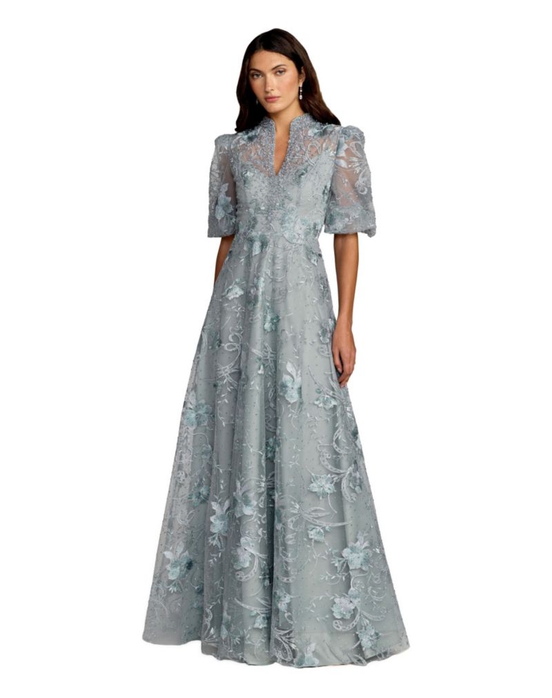 Women's Embroidered Queen Anne Puff Sleeve A Line Gown
