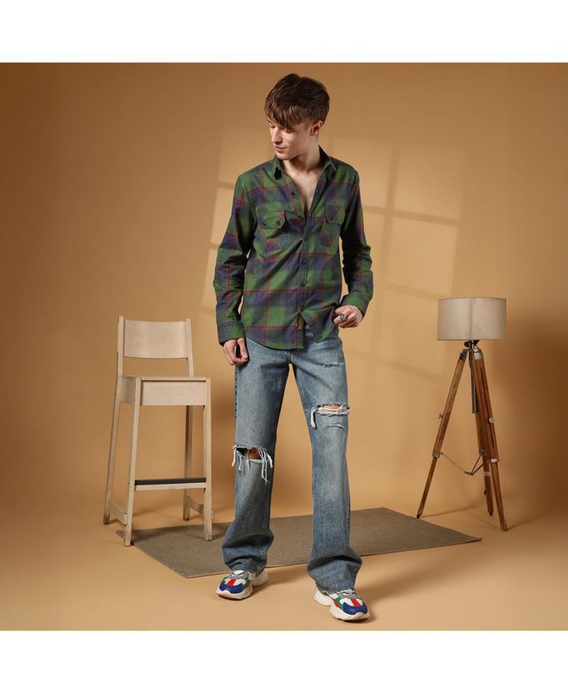 Men's Forest Green & Indigo Blue Buffalo Check Utility Shirt