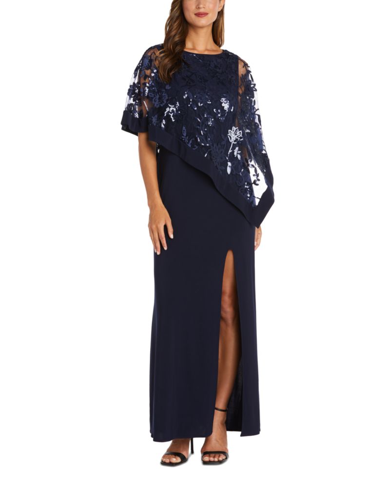 Women's Sequinned Floral-Lace-Poncho Gown