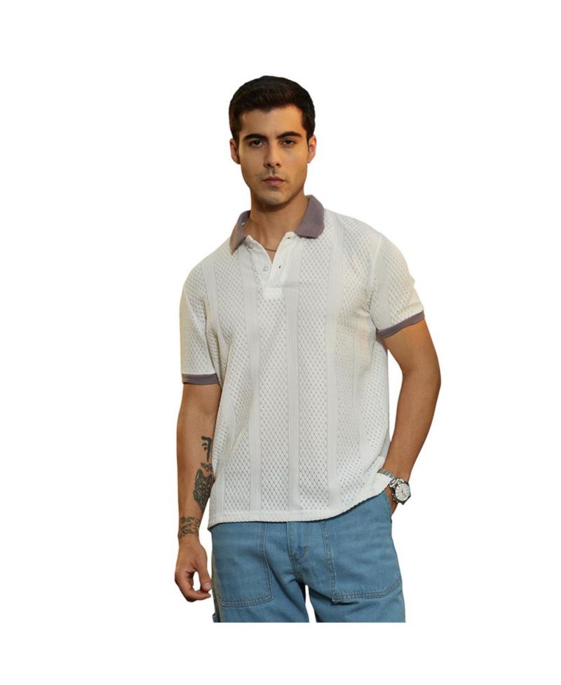 Men's Chalk White and Pastel Purple Contrast Open-Knit Polo T-Shirt