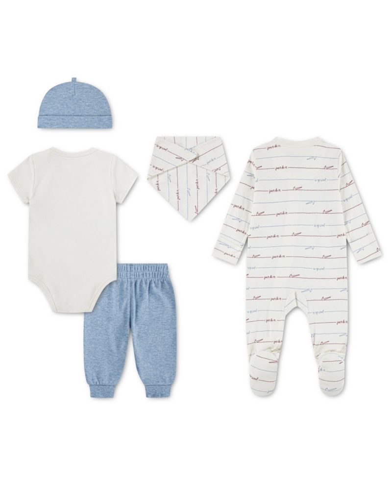 Baby Boys' Readyset Grow Logo Print Bodysuit, Footed Coverall, Pants, Bib and Beanie, 5-Piece Set