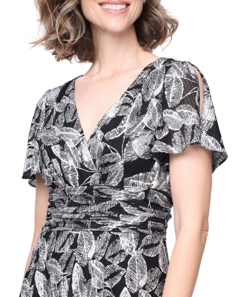 Women's Tea Length Foil-Print Flutter-Sleeve Dress