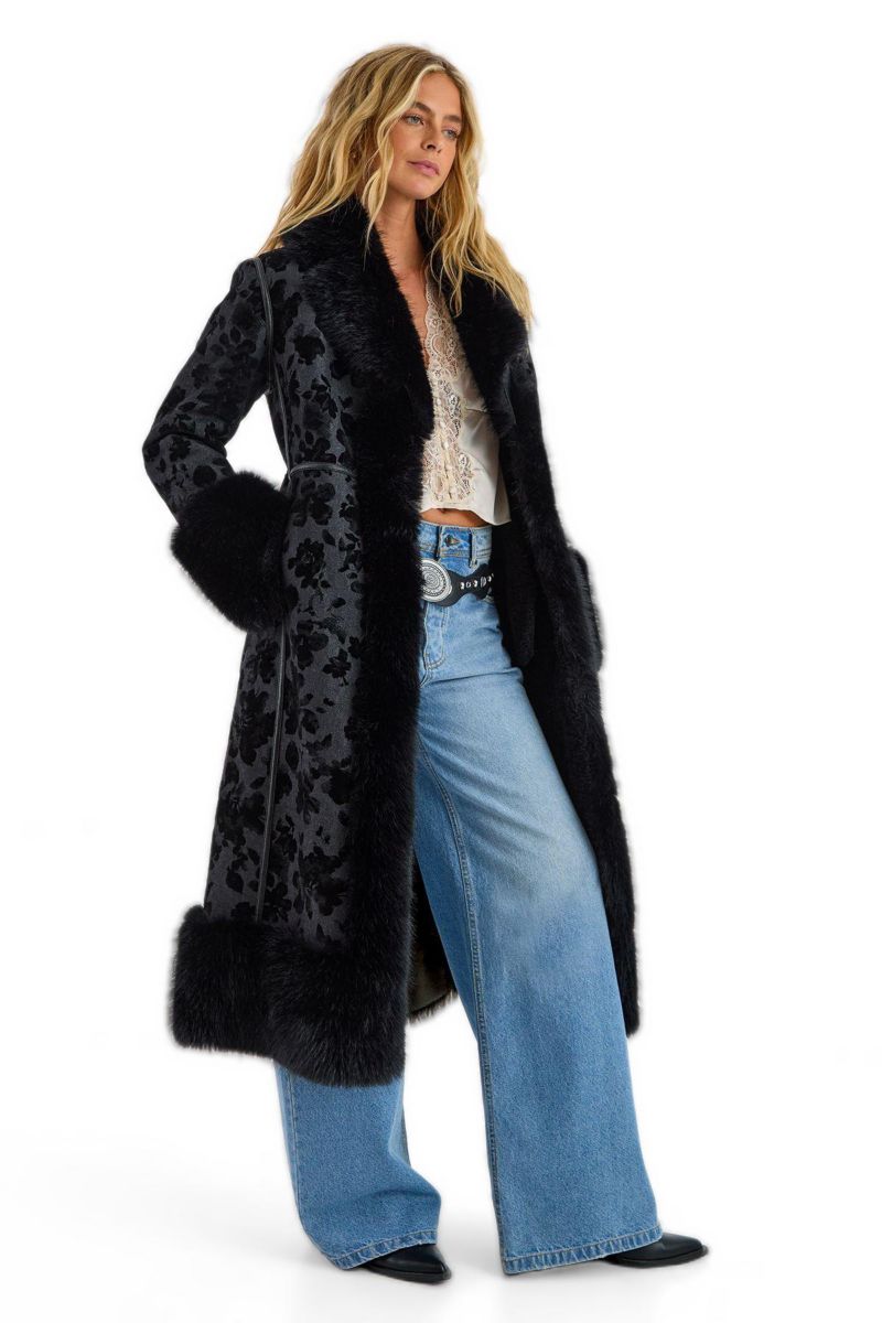 Women's Faux Fur Floral Jacquard Coat