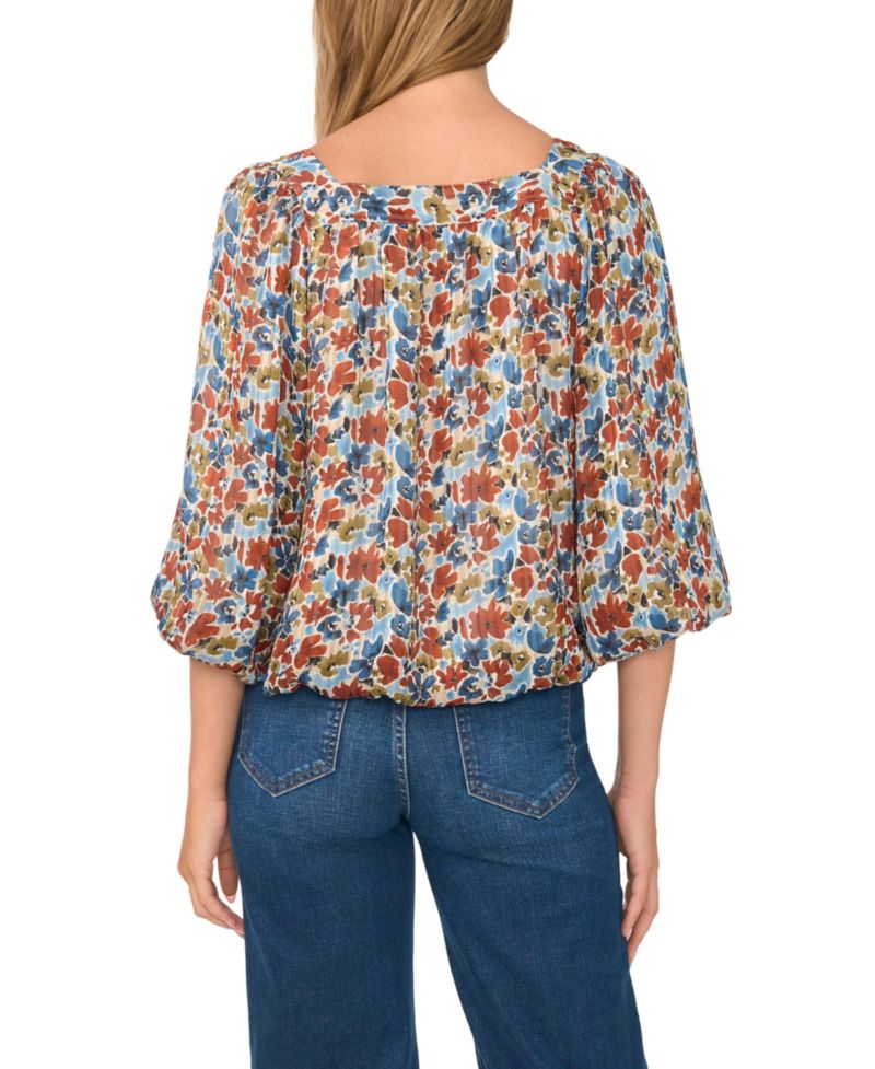 Women's Floral Square Neck 3/4-Sleeve Blouse