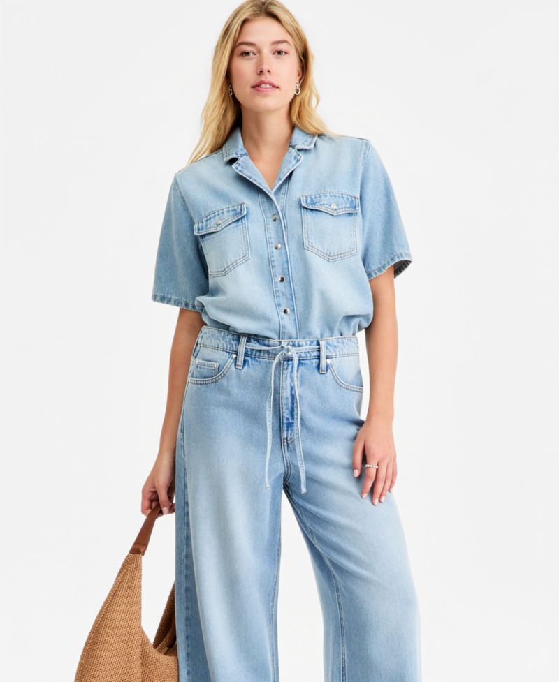 Women's Soft Denim Button-Front Short-Sleeve Shirt