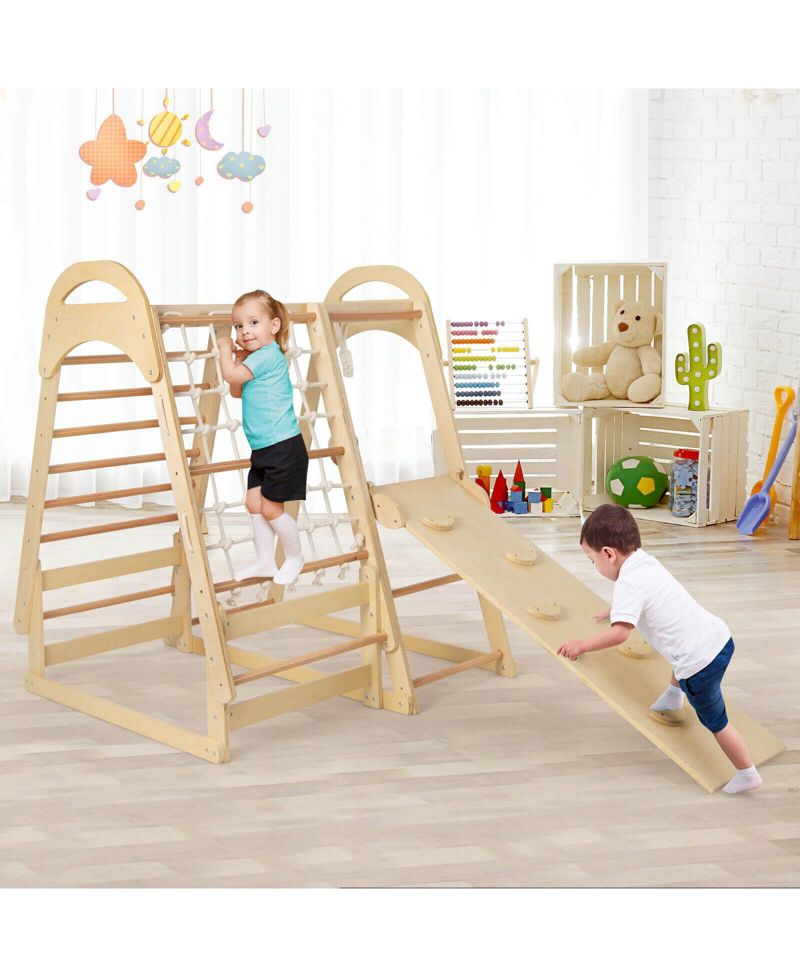 6-in-1 Wooden Indoor Kids Jungle Gym Playset with Monkey Bars, Climbing Net, Ladder, Rings, Slide and Tent, 6-Piece Set